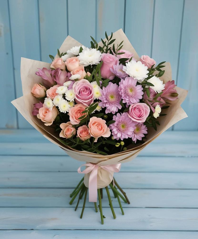 Букет цветов из: Хризантемы, Розы и Альстромерии в Латной