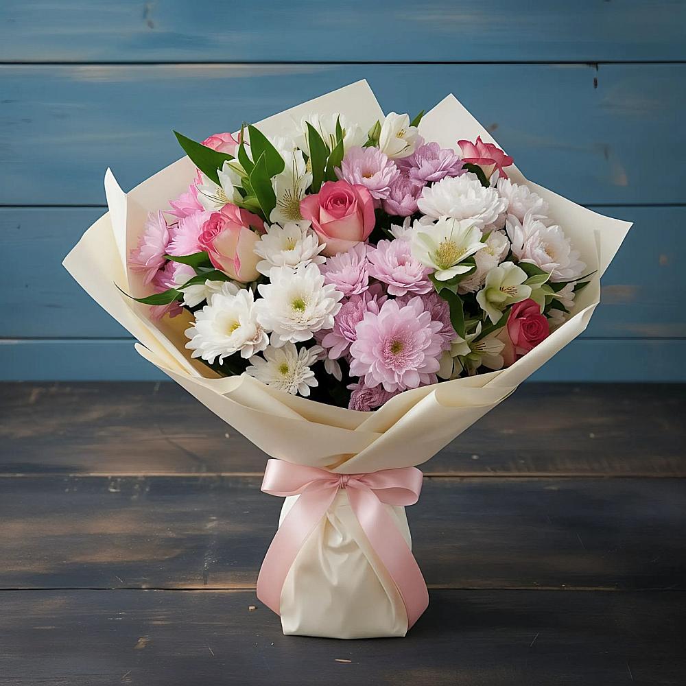 Букет цветов из: Хризантемы, Альстромерии и Розы в Латной